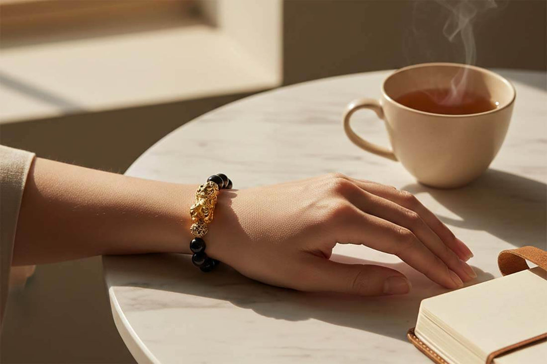 How to wear Pixiu bracelet correctly - woman demonstrating proper left wrist placement with black obsidian bracelet