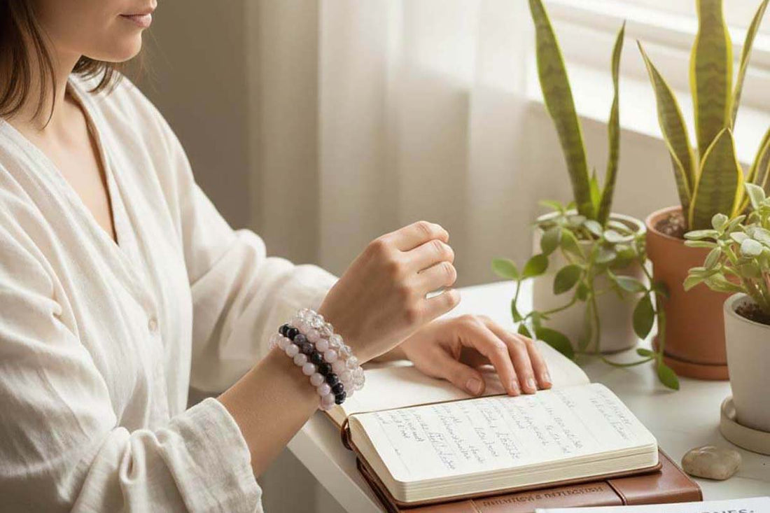 Woman peacefully wearing multiple layered crystal bead bracelets on wrist while reading journal in a cozy sunlit corner, demonstrating the psychology of wearing crystals for mindfulness.