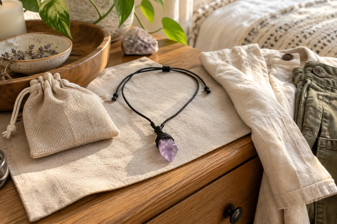 Raw crystal pendant necklace styled on a dresser with gift pouch and natural outfit textures