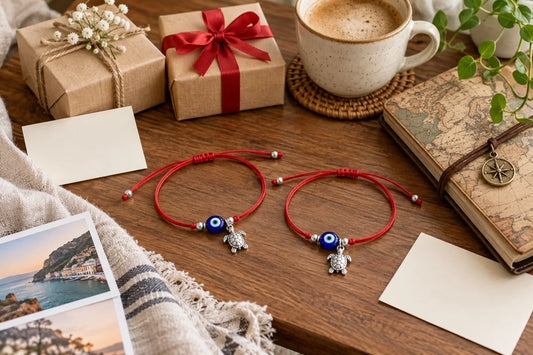 Red string evil eye bracelet with turtle charm styled as a friendship gift