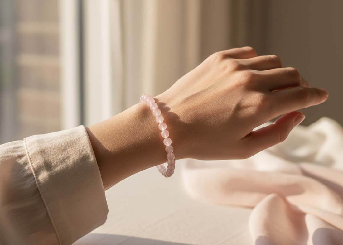 Woman wearing natural rose quartz bracelet on wrist in soft natural light showcasing delicate pink crystal beads