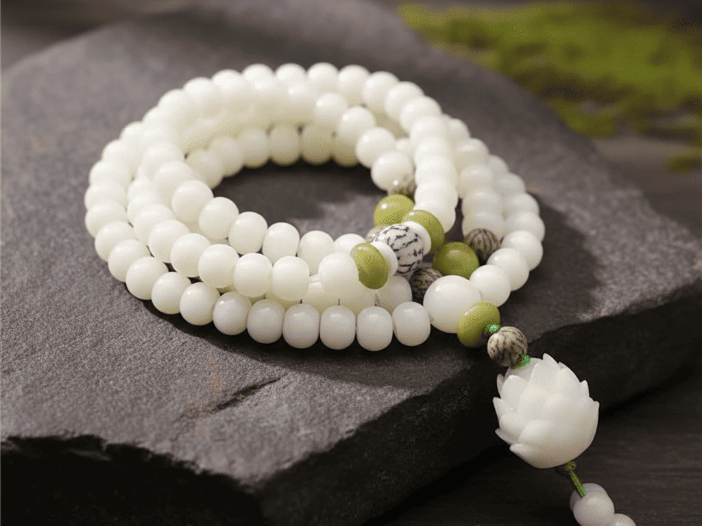Hand-Carved White Jade Bodhi Seed Mala | Purity, Wisdom & Inner Peace