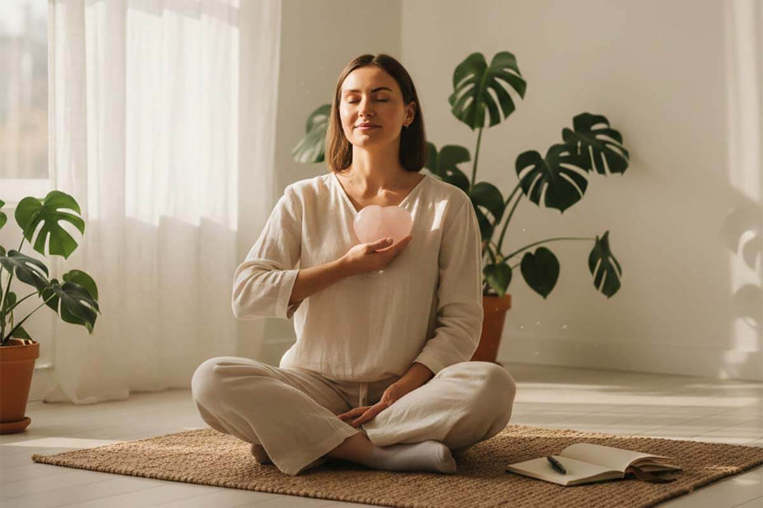 Woman meditating with rose quartz crystal while setting personal intentions in peaceful morning ritual