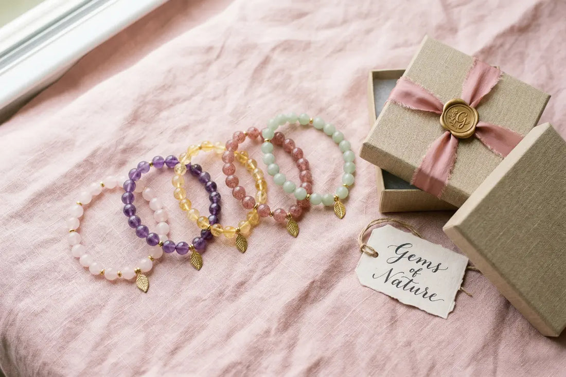TrueZenBeads spiritual gifts for her — curated natural gemstone crystal bracelet collection including rose quartz, amethyst and jade artisan jewelry