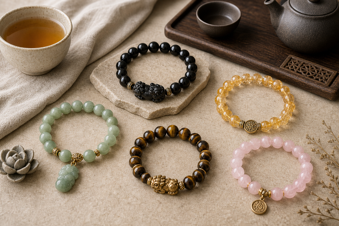 Traditional feng shui bracelets arranged with black obsidian, citrine, jade, tiger eye, rose quartz, tea, and natural stones