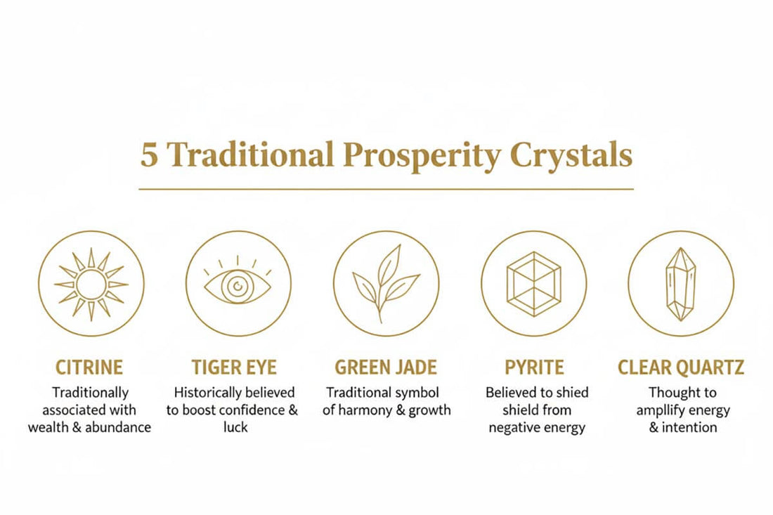 Infographic guide to five traditional prosperity crystals with cultural symbols and meanings - citrine, tiger eye, jade, pyrite, and quartz