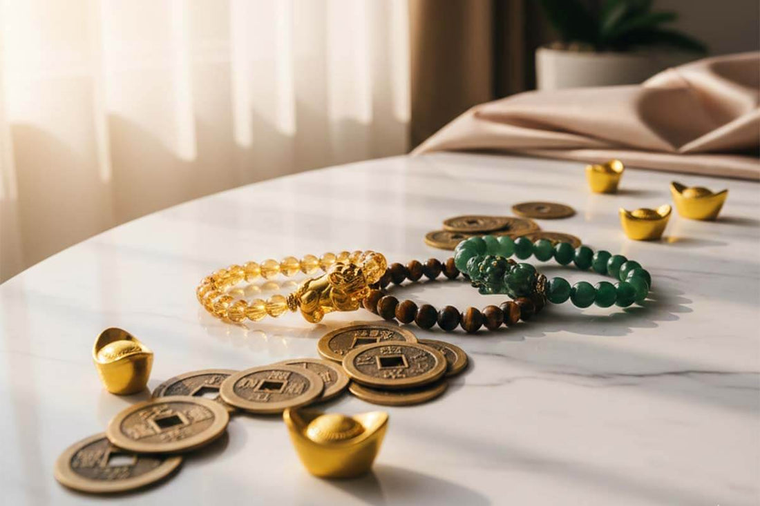Luxury wealth crystal collection featuring traditional feng shui prosperity bracelets with citrine tiger eye and jade arranged with golden coins symbolizing abundance practices