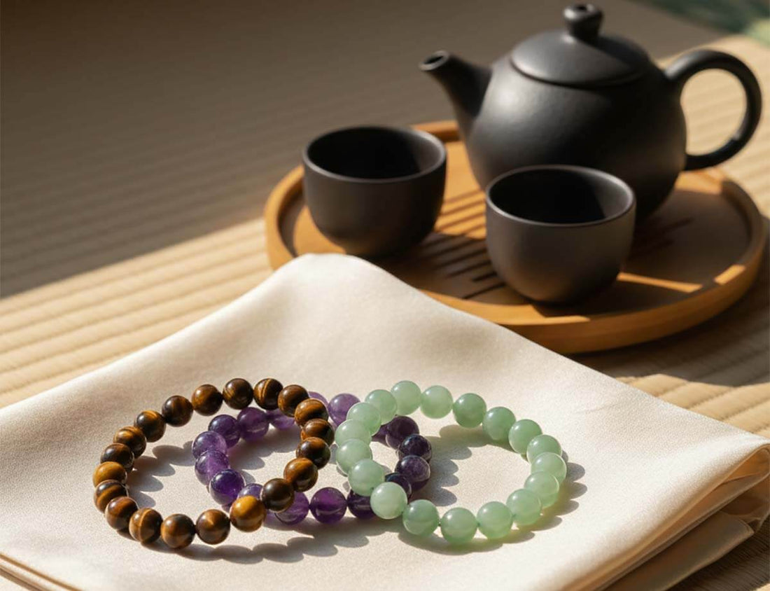 Artisan collection of authentic natural crystal bracelets by TrueZenBeads showing unique gemstone textures