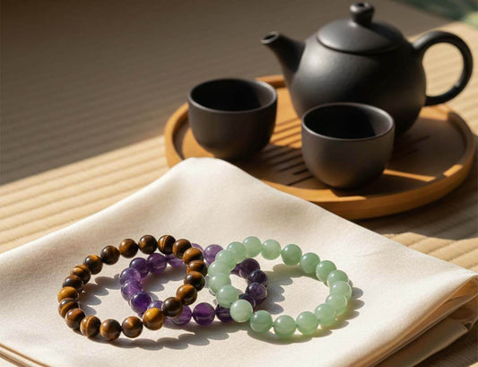 Artisan collection of authentic natural crystal bracelets by TrueZenBeads showing unique gemstone textures