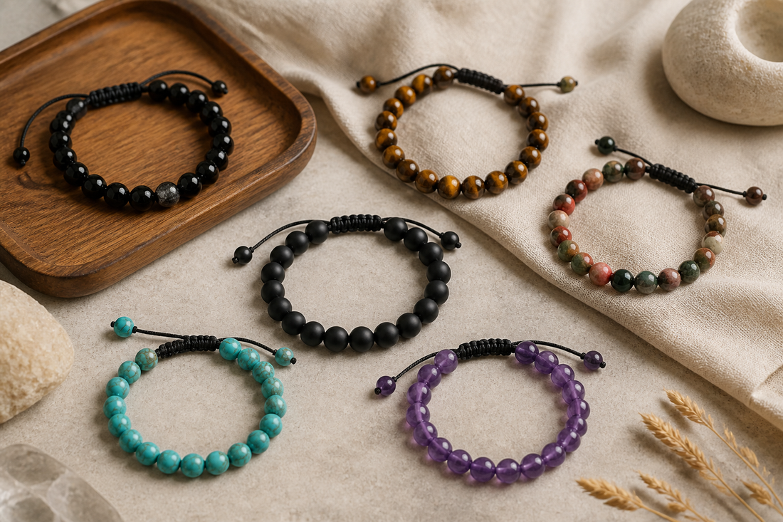 Curated unisex crystal bracelet collection with obsidian, tiger eye, amethyst, turquoise, and multi-color natural stone beads