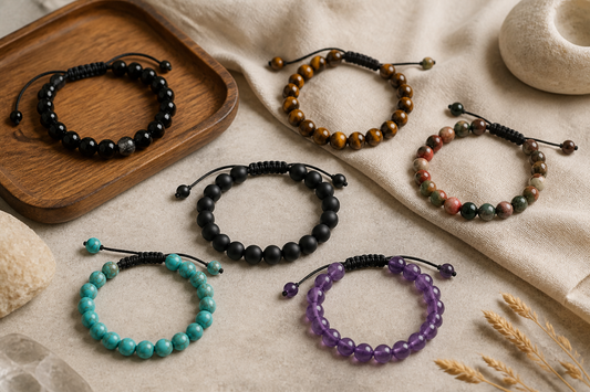 Curated unisex crystal bracelet collection with obsidian, tiger eye, amethyst, turquoise, and multi-color natural stone beads