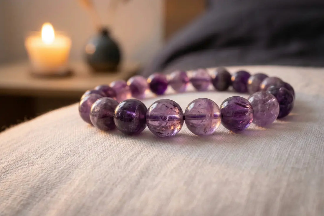 Purple amethyst crystal bracelet placed on white linen pillow at night, representing traditional crystal sleep practices for wellness and rest