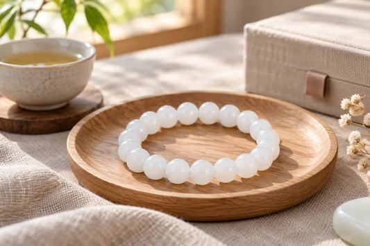 White jade bracelet guide with Hetian jade round beads in a calm tea and wood lifestyle scene