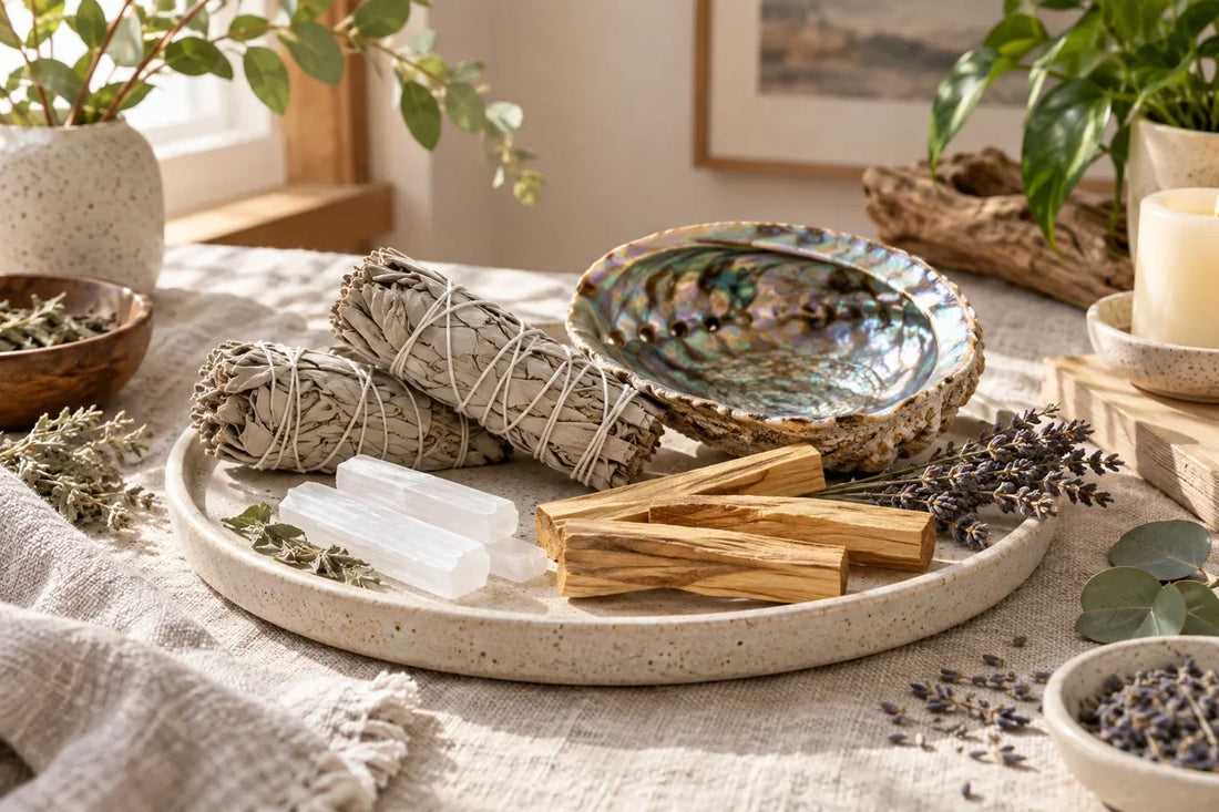 White sage and Palo Santo smudge kit with abalone shell styled for a calm home ritual