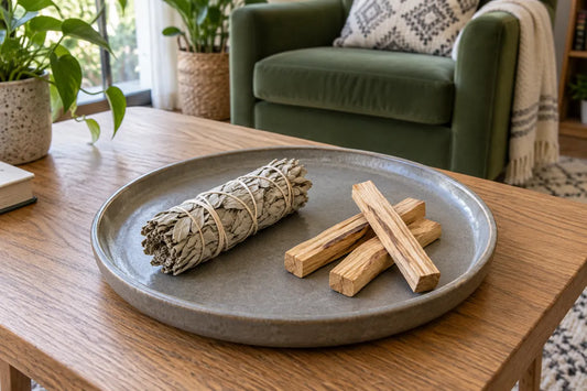 White sage bundle and Palo Santo wood sticks on a tray in a home setting