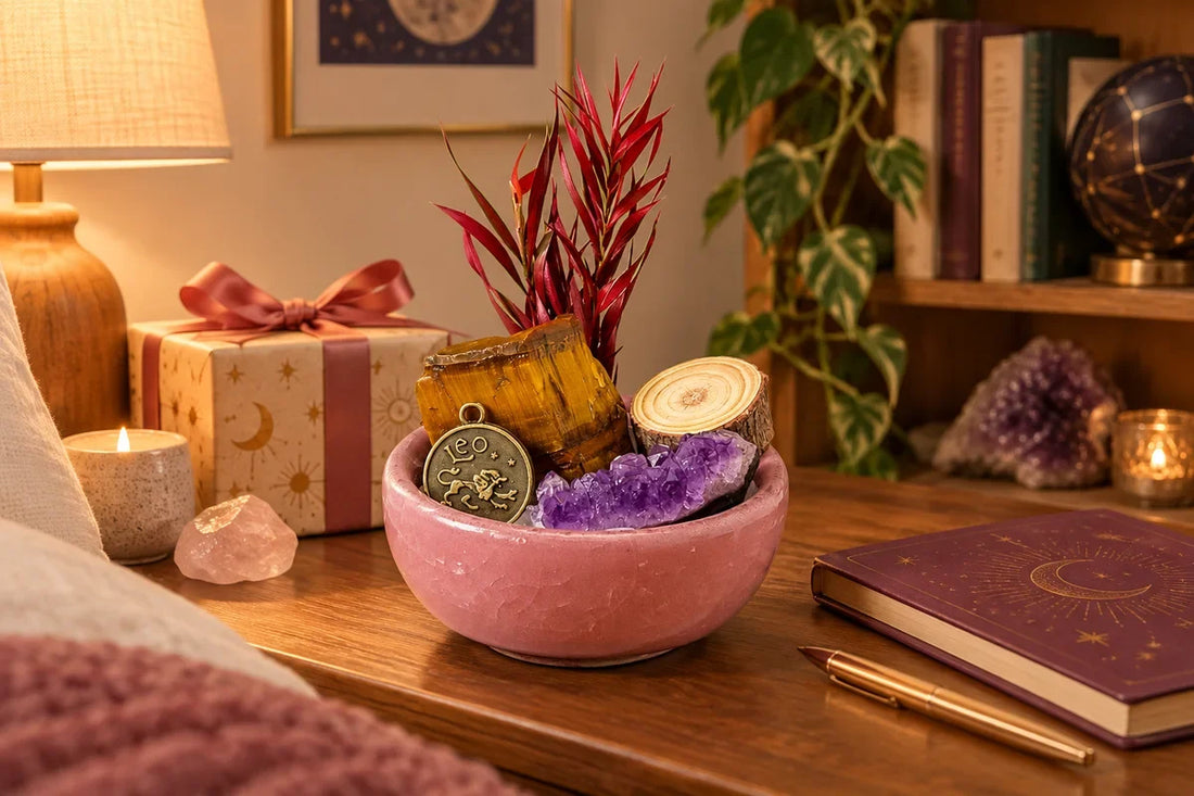 Zodiac crystal mini bonsai gift guide with astrology inspired bedside decor scene