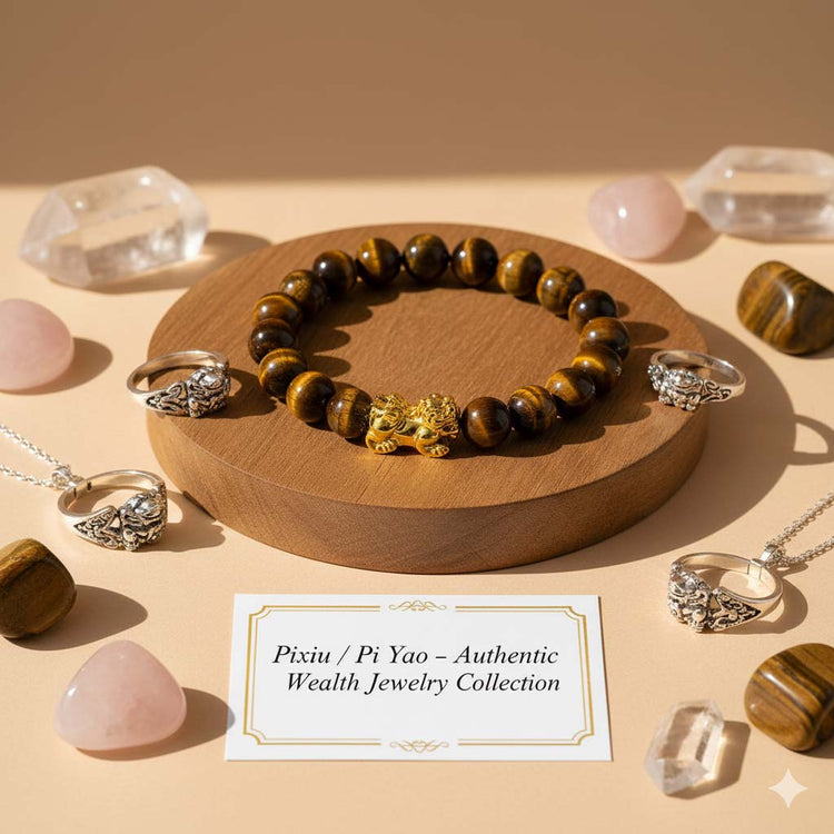 Handcrafted Authentic Pixiu jewelry collection featuring Gold and Silver Pi Yao bracelets for success