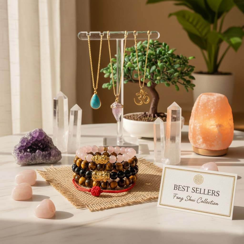 Best Selling Feng Shui Jewelry collection from TrueZenBeads showcasing Black Obsidian Pixiu bracelets, Tiger Eye stones, and crystal necklaces with spiritual talismans.