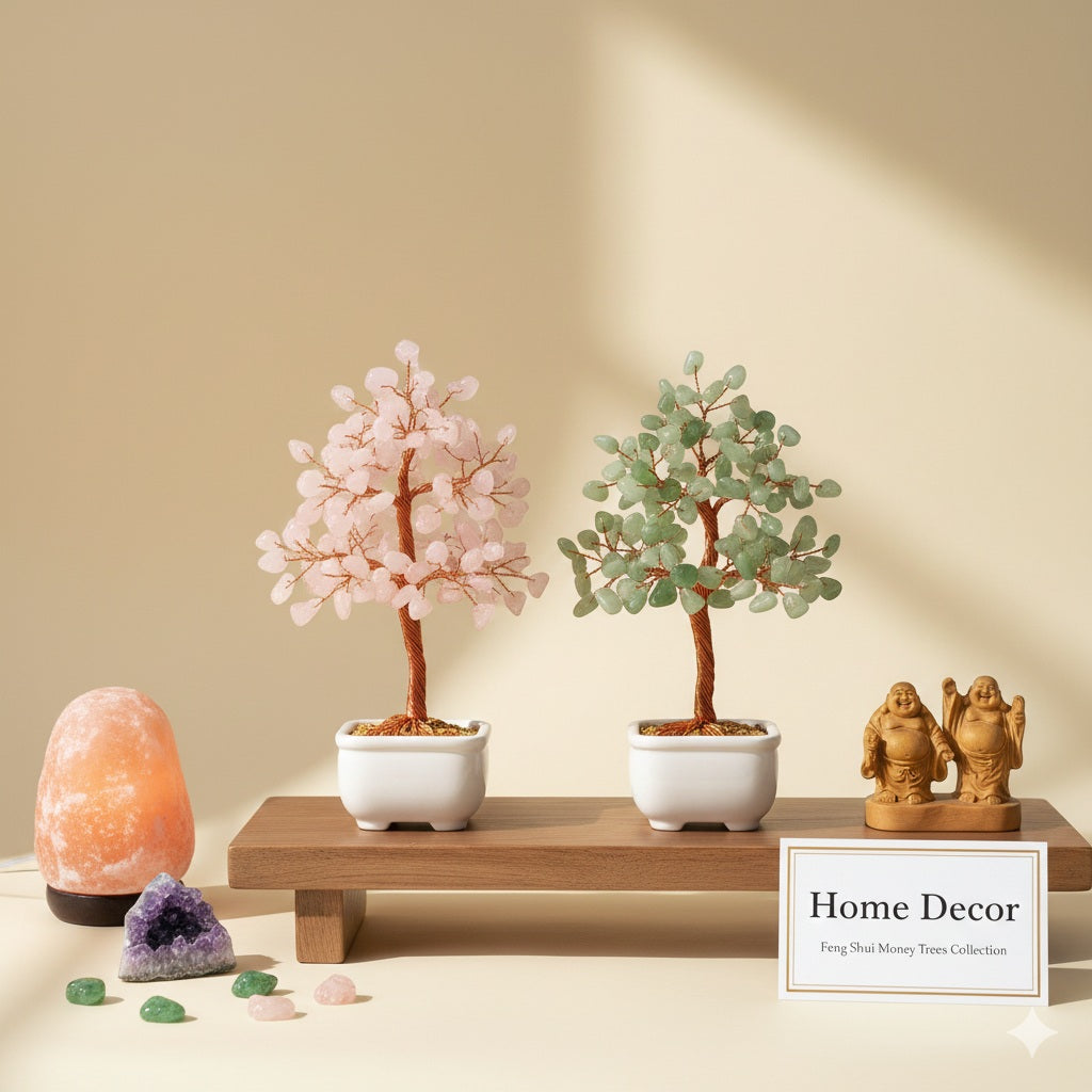 Feng Shui home decor collection featuring crystal trees and statues for positive energy