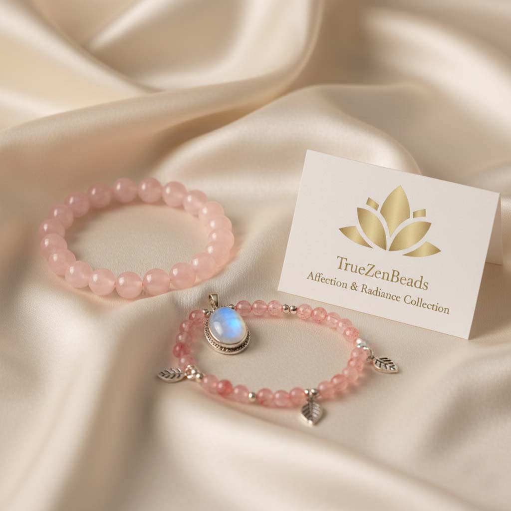 TrueZenBeads artisan jewelry collection featuring natural rose quartz, moonstone, and strawberry quartz gemstones in a soft, elegant aesthetic.