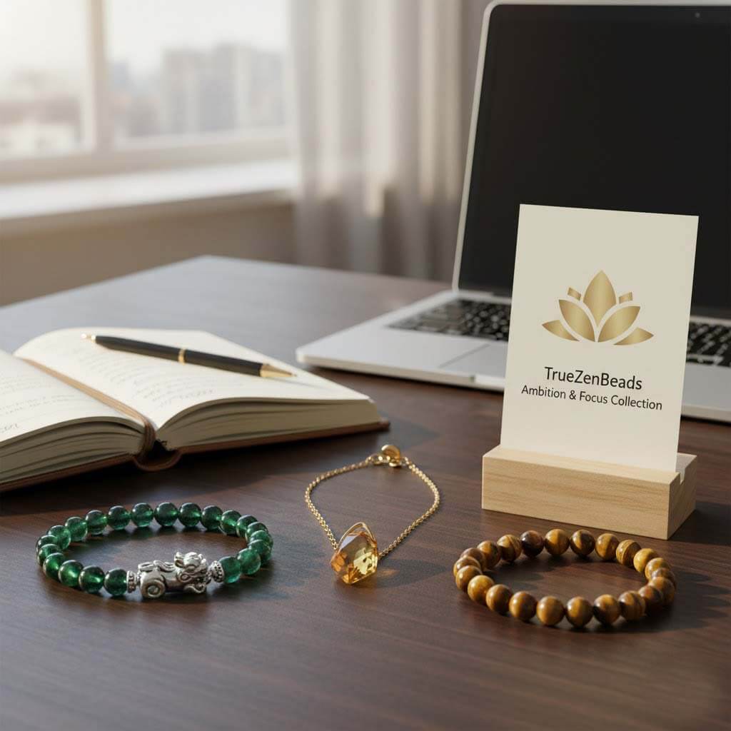 A professional collection of TrueZenBeads handcrafted jewelry for ambition and focus, featuring natural citrine, green phantom, and tiger’s eye gemstones with artisan-carved Pixiu symbols.