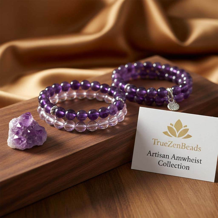 TrueZenBeads artisan Amethyst bracelets featuring high-grade natural purple crystals, displayed on a walnut wooden stand with a branded logo card in a warm, elegant interior setting.