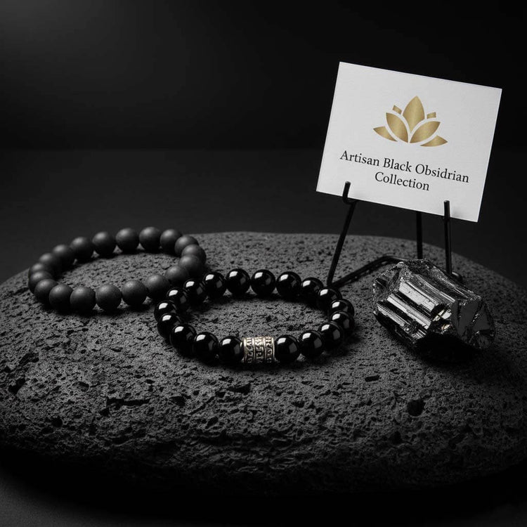 TrueZenBeads artisan collection of genuine black obsidian beaded bracelets, showcasing the natural luster and polished finish of authentic volcanic glass.