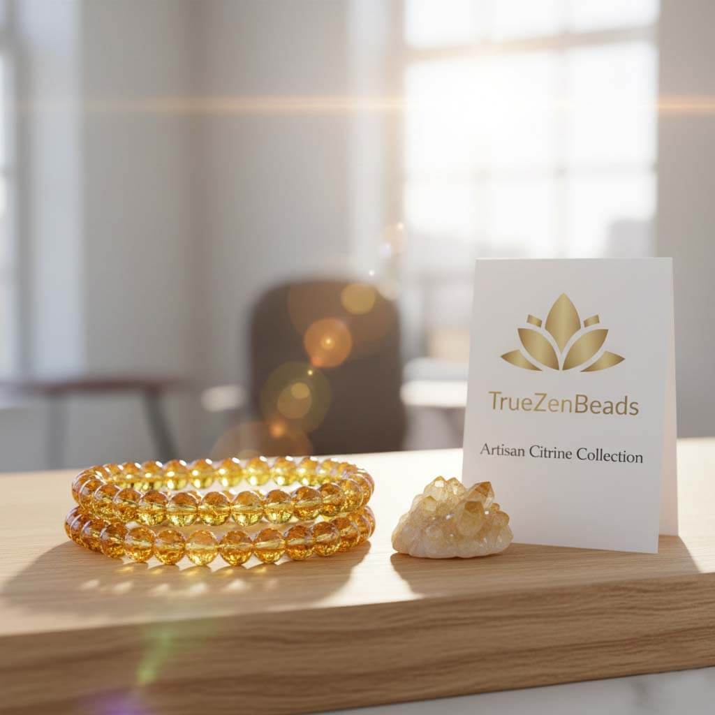 TrueZenBeads artisan Citrine bracelets featuring high-transparency golden crystals, displayed on a wooden stand with a branded logo card in a bright, professional setting.