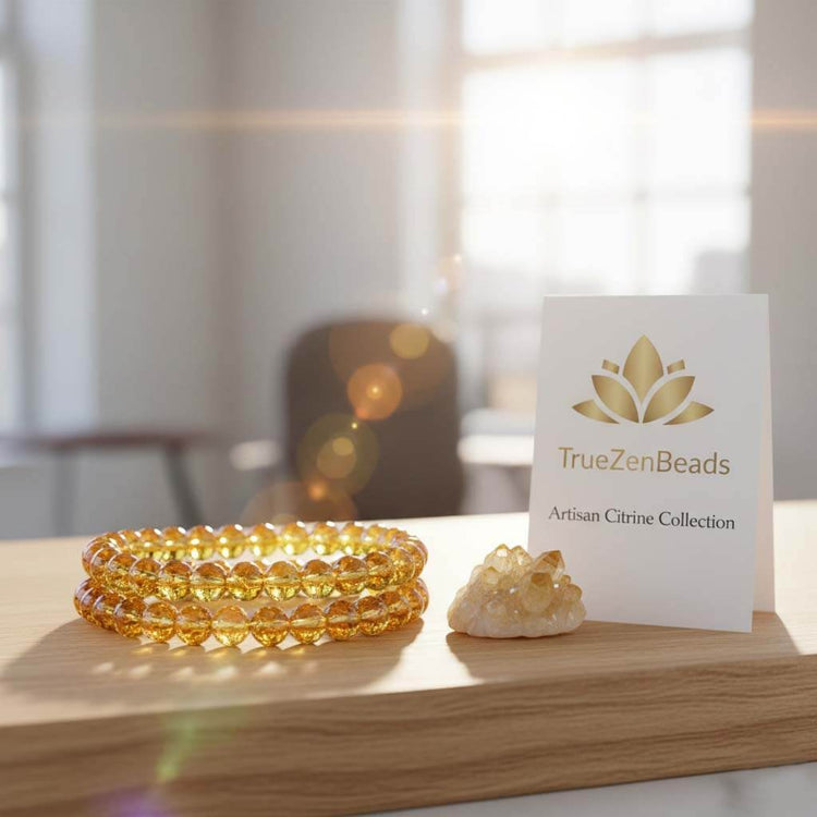 TrueZenBeads artisan Citrine bracelets featuring high-transparency golden crystals, displayed on a wooden stand with a branded logo card in a bright, professional setting.