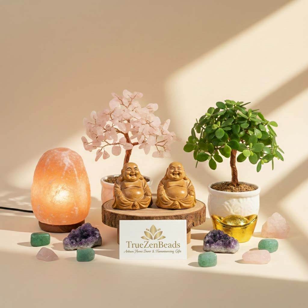 Artisanal crystal home decor featuring a Citrine crystal tree and Obsidian sculpture, perfect as a traditional housewarming gift for a new home.