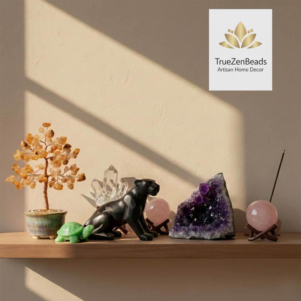 TrueZenBeads collection of artisan home decor featuring handcrafted citrine gemstone trees, carved obsidian statues, and natural mineral specimens.