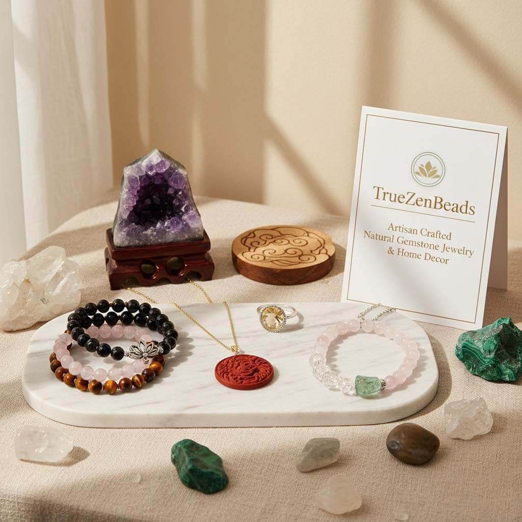 TrueZenBeads artisan collection featuring handcrafted natural gemstone jewelry, including Black Obsidian and Rose Quartz bracelets, a cinnabar pendant, and a citrine ring, displayed with amethyst and mineral specimens for home decor.