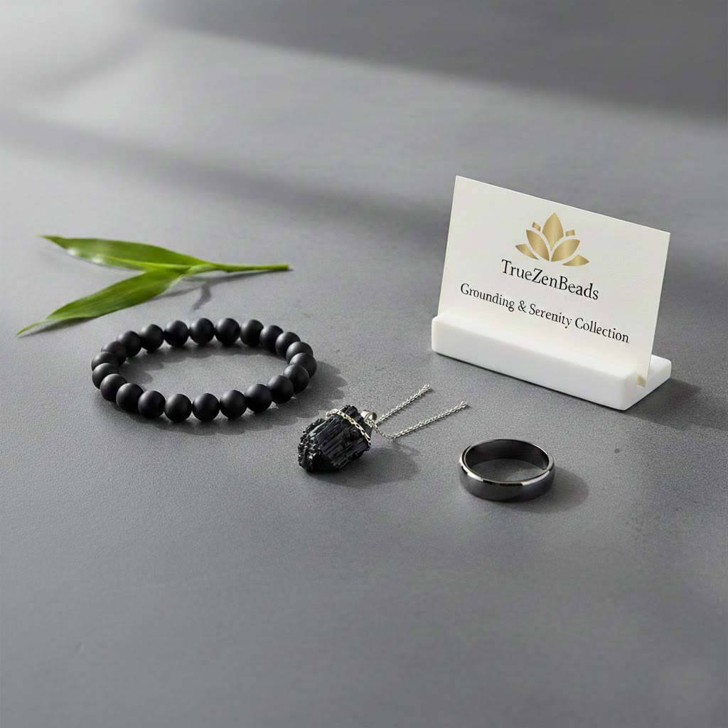 A curated collection of TrueZenBeads handcrafted grounding jewelry, featuring natural black obsidian, black tourmaline, and polished hematite, designed for a minimalist and serene lifestyle.