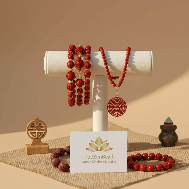  Artisan high-content cinnabar beads featuring traditional handcrafted carvings and a rich purple-gold sand texture.