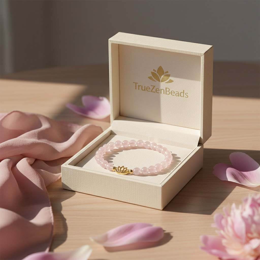 andcrafted artisan crystal jewelry gift set for her, featuring a Rose Quartz bracelet in a premium TrueZenBeads gift box, perfect for birthdays and anniversaries.