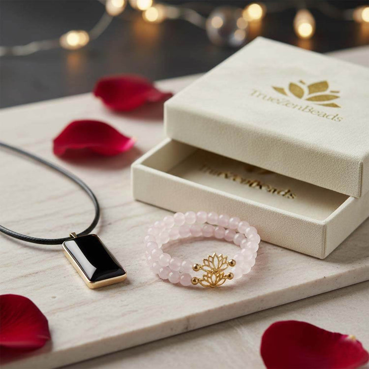 Handcrafted matching artisan jewelry sets for couples, featuring complementary natural stone pendants and bracelets in a premium TrueZenBeads gift box, ideal for distance relationships and anniversaries.