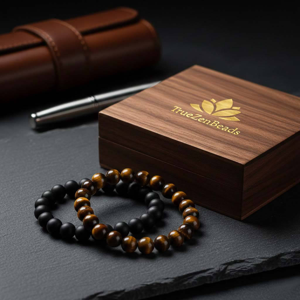 Bold artisan crystal jewelry for men, featuring Tiger Eye and Black Obsidian bracelets in a premium gift box, perfect for men's birthday and anniversary gifts.