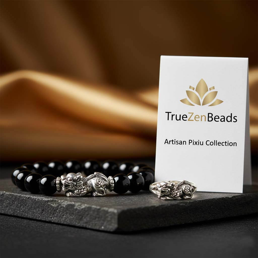 TrueZenBeads artisan Pixiu bracelet and ring featuring intricate metal carvings and natural black obsidian, displayed with a branded logo card.