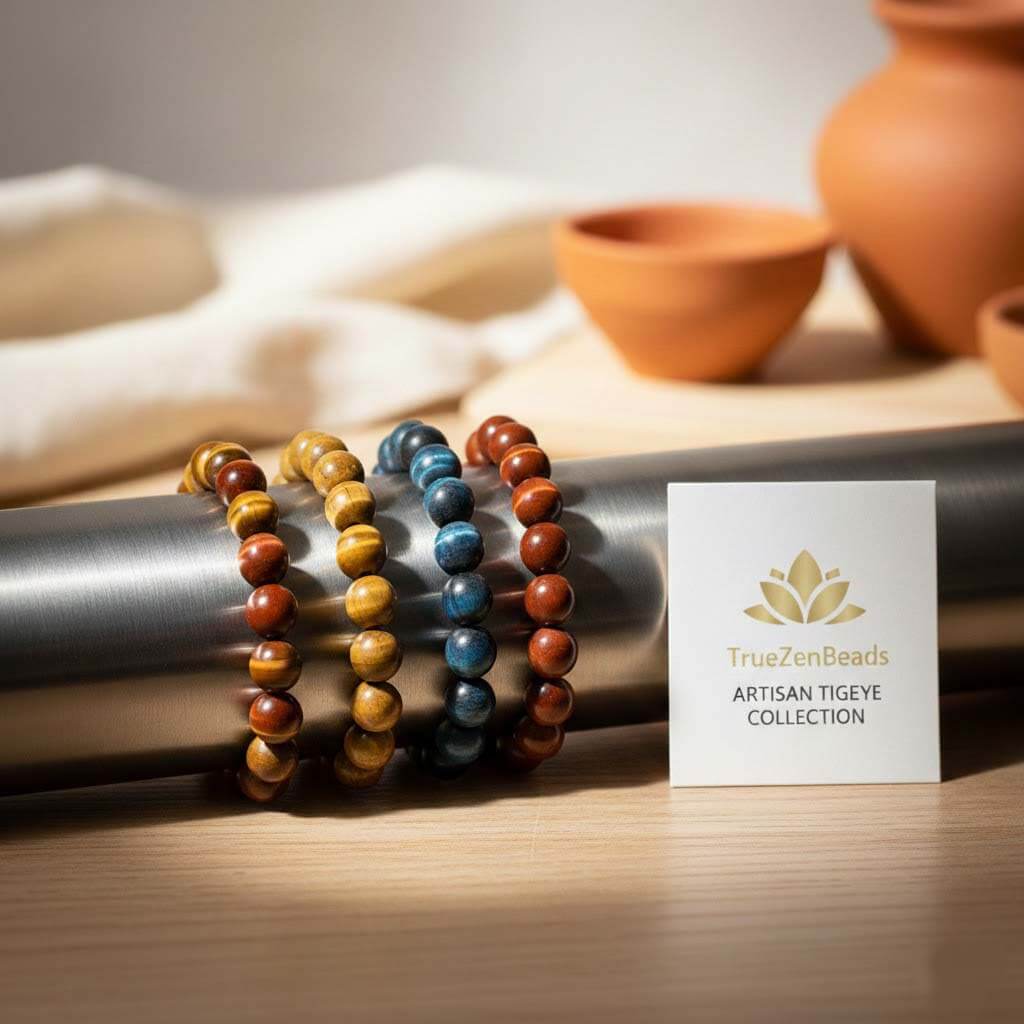 Authentic TrueZenBeads Tiger Eye bracelets in golden, blue, and red tones, showcasing natural chatoyancy and artisan craftsmanship.