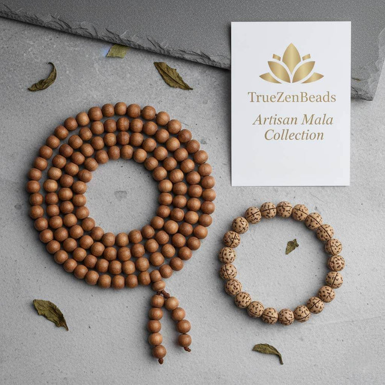 Handcrafted 108 Mala beads and bracelets featuring natural sandalwood and traditional bodhi seeds for a mindful aesthetic.