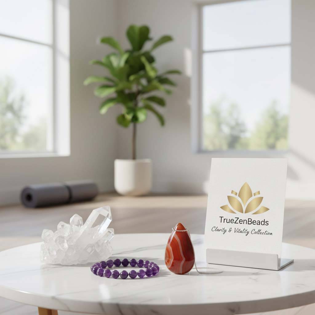 TrueZenBeads artisan collection featuring natural clear quartz, amethyst, and red agate jewelry and home decor for a mindful lifestyle.