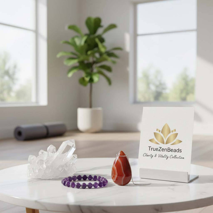 TrueZenBeads artisan collection featuring natural clear quartz, amethyst, and red agate jewelry and home decor for a mindful lifestyle.