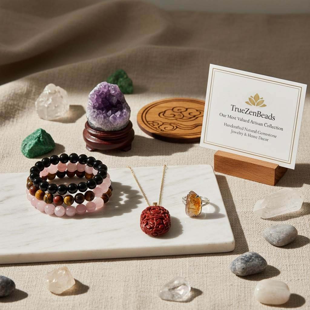 TrueZenBeads most valued artisan collection featuring handcrafted natural gemstone jewelry, including black obsidian bracelets, rose quartz beads, and cinnabar pendants, shown with decorative mineral specimens for home decor.