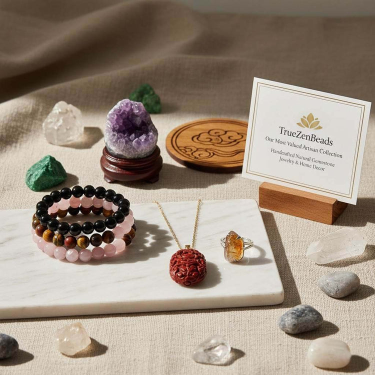TrueZenBeads most valued artisan collection featuring handcrafted natural gemstone jewelry, including black obsidian bracelets, rose quartz beads, and cinnabar pendants, shown with decorative mineral specimens for home decor.