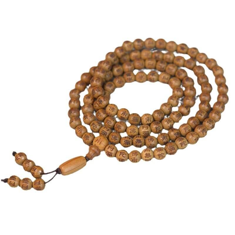 108 wood bead necklace made from natural Nandina hardwood featuring hand-engraved characters and artisan craftsmanship