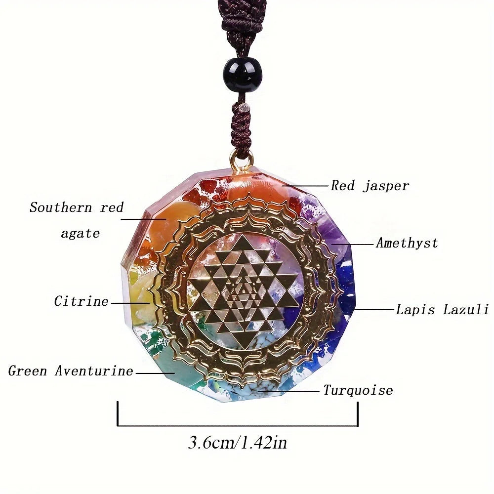 7 chakra orgonite pendant showing crystal materials including red jasper citrine green aventurine turquoise lapis lazuli amethyst with size 3.6cm diameter