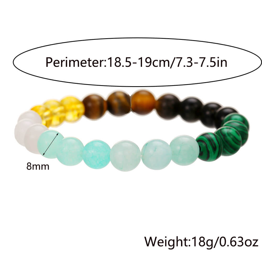 7-color natural stone bracelet with size specifications showing 8mm beads including obsidian and tiger eye for artisan jewelry.