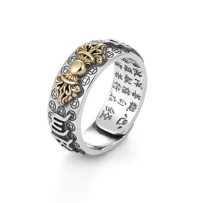 Sterling silver Feng Shui Pixiu mantra ring with intricate engraving for wealth and protection