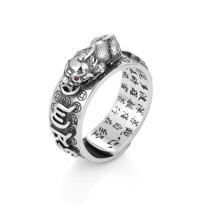 Top-down view of open-ended adjustable Pixiu ring for men and women