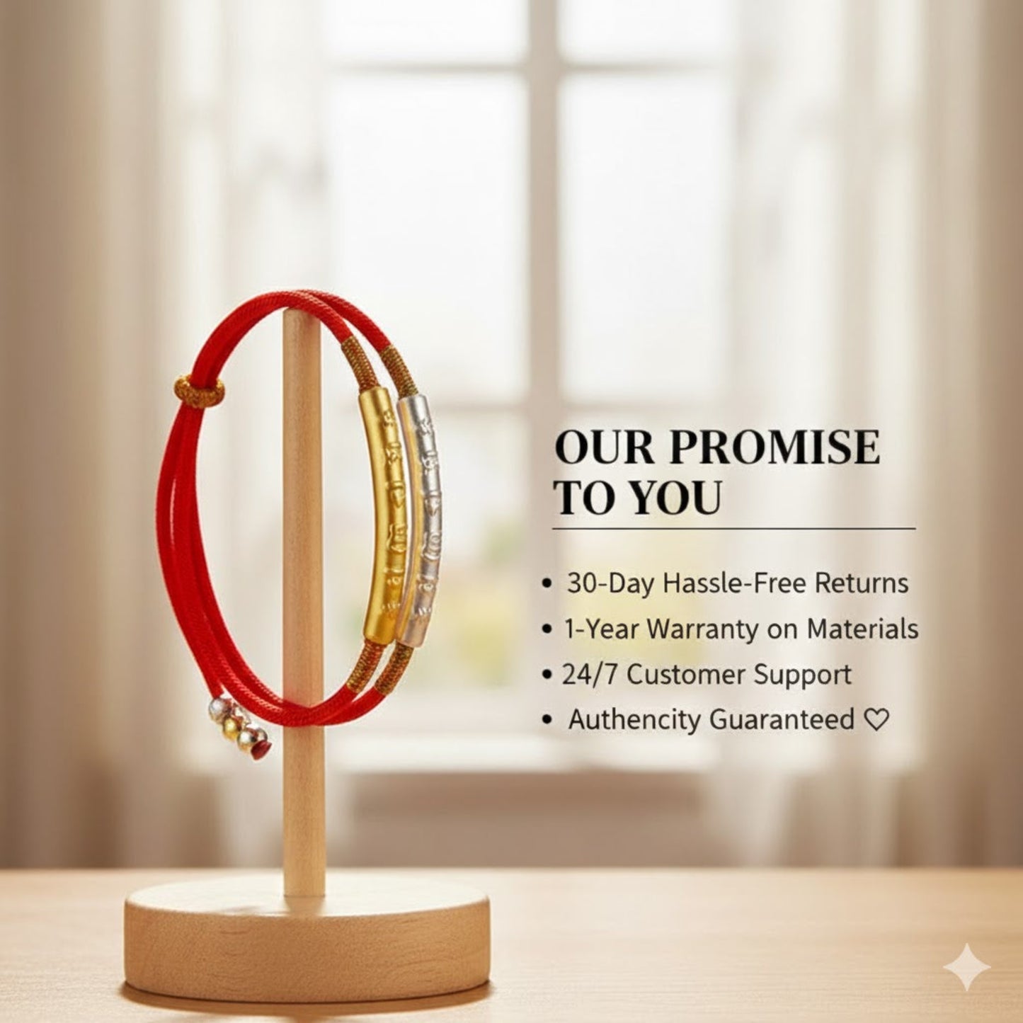 TrueZenBeads Tibetan red string bracelet featuring gold or silver mantra engraving, lifestyle scene showing product usage and customer support information